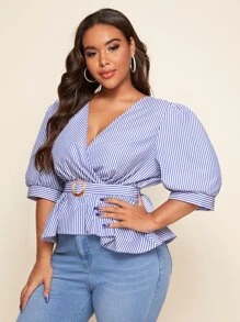 Blue and White Striped Puffy Shoulder Blouse