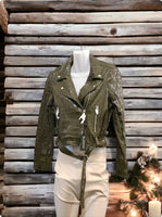Forest Green Faux Leather Textured Moto Jacket