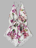 Backless Floral Romper Bodysuit w/ Lace Trim
