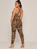 Backless  Leopard Unitard Jumpsuit with Criss-cross Mesh Insert