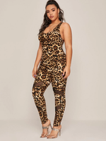 Backless  Leopard Unitard Jumpsuit with Criss-cross Mesh Insert