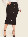 Button Down Rib-knit Skirt - Big Pearl Detailing