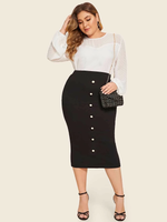 Button Down Rib-knit Skirt - Big Pearl Detailing