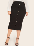 Button Down Rib-knit Skirt - Big Pearl Detailing