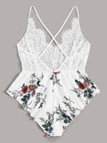 Plus Floral Print Contrast Lace Romper Bodysuit