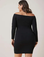 Off-the-Shoulders Black Sateen Stretch Dress